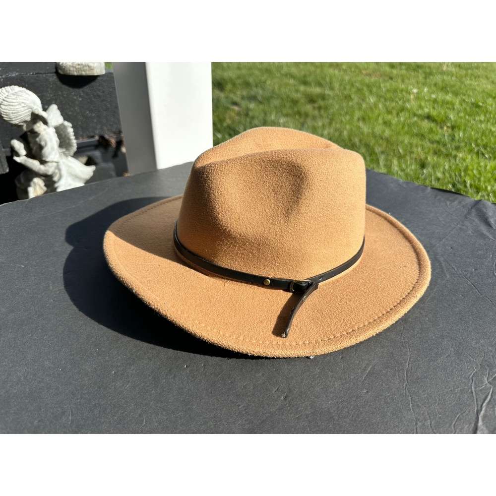 Camel Tan Wide Brim Fedora Hat‎ with Black Buckle Band Cotton Blend